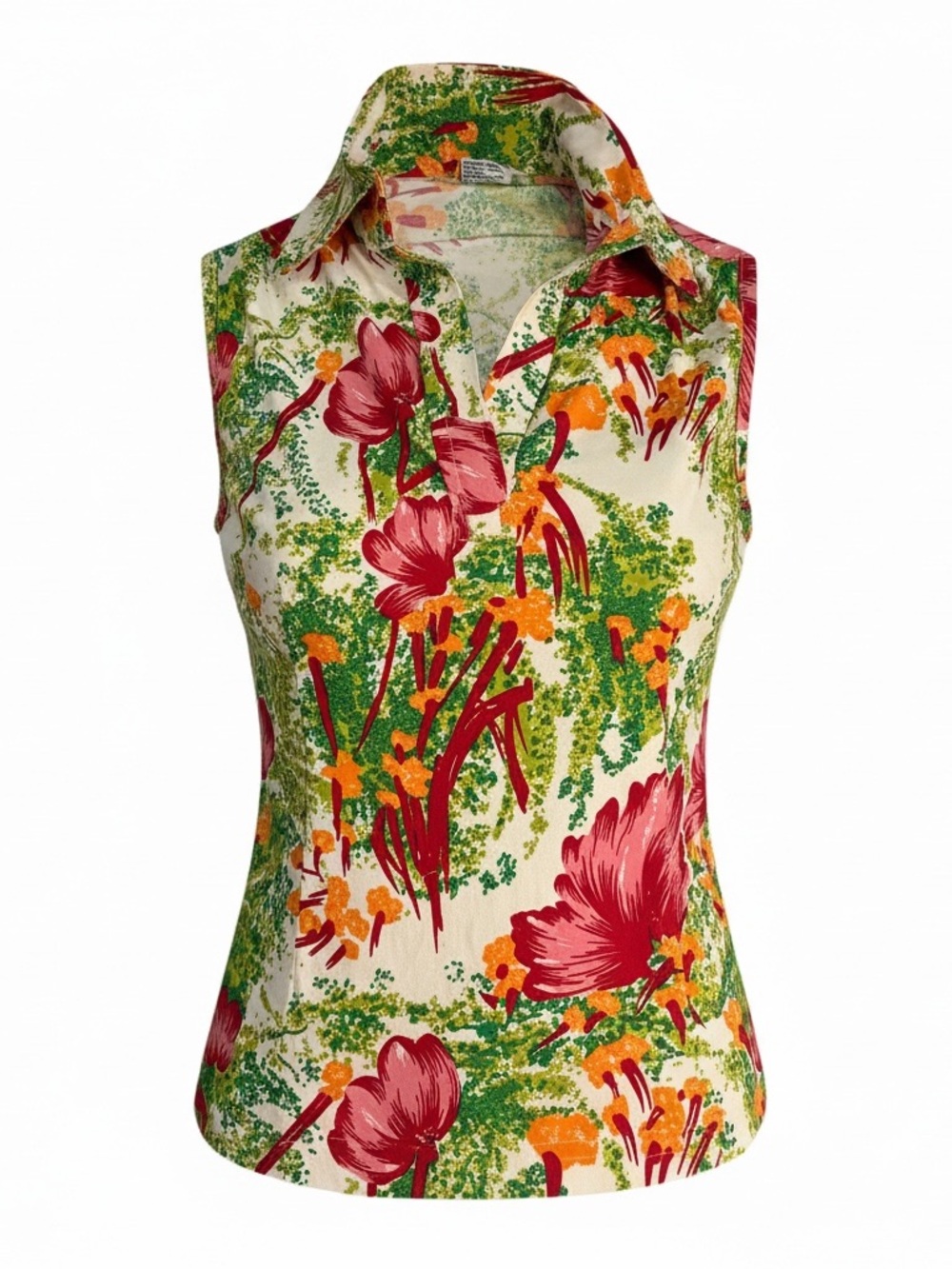 Sleeveless Floral Collared Tank Top - Pink & Green